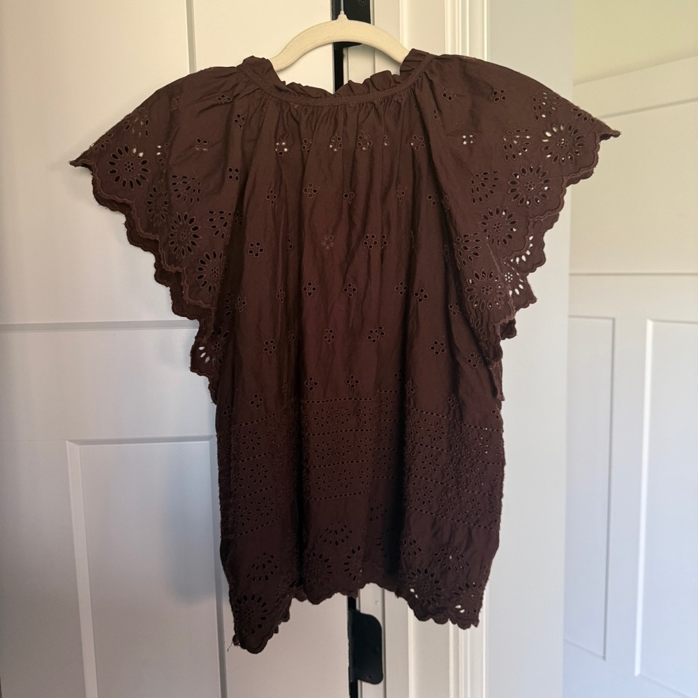 Gap Brown Eyelet Ruffle V Neck Tassel Blouse Short Sleeve - Picture 4 of 4
